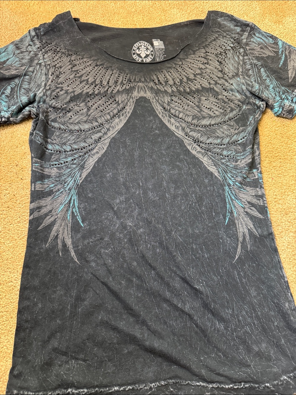 Affliction Black Tee with Feather Wing Graphic and Teal Accents